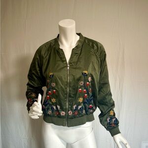 Junior’s Dark Green Satin Floral Embroidered Derby Jacket Vintage Style Size M